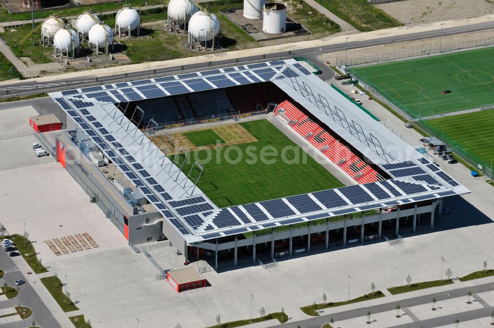 Ingolstadt from the bird's eye view: Fußballstadion Audi Sportpark auf dem ehemaligen Bayernoil-Gelände in Ingolstadt / Bayern. Das Stadion ist Heimspielstätte des FC Ingolstadt 04. Stadium Audi Sportpark in Ingolstadt / Bavaria.