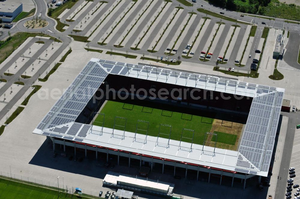 Ingolstadt from above - Fußballstadion Audi Sportpark auf dem ehemaligen Bayernoil-Gelände in Ingolstadt / Bayern. Das Stadion ist Heimspielstätte des FC Ingolstadt 04. Stadium Audi Sportpark in Ingolstadt / Bavaria.