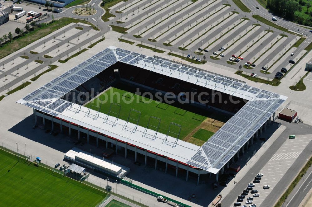 Ingolstadt from the bird's eye view: Fußballstadion Audi Sportpark auf dem ehemaligen Bayernoil-Gelände in Ingolstadt / Bayern. Das Stadion ist Heimspielstätte des FC Ingolstadt 04. Stadium Audi Sportpark in Ingolstadt / Bavaria.