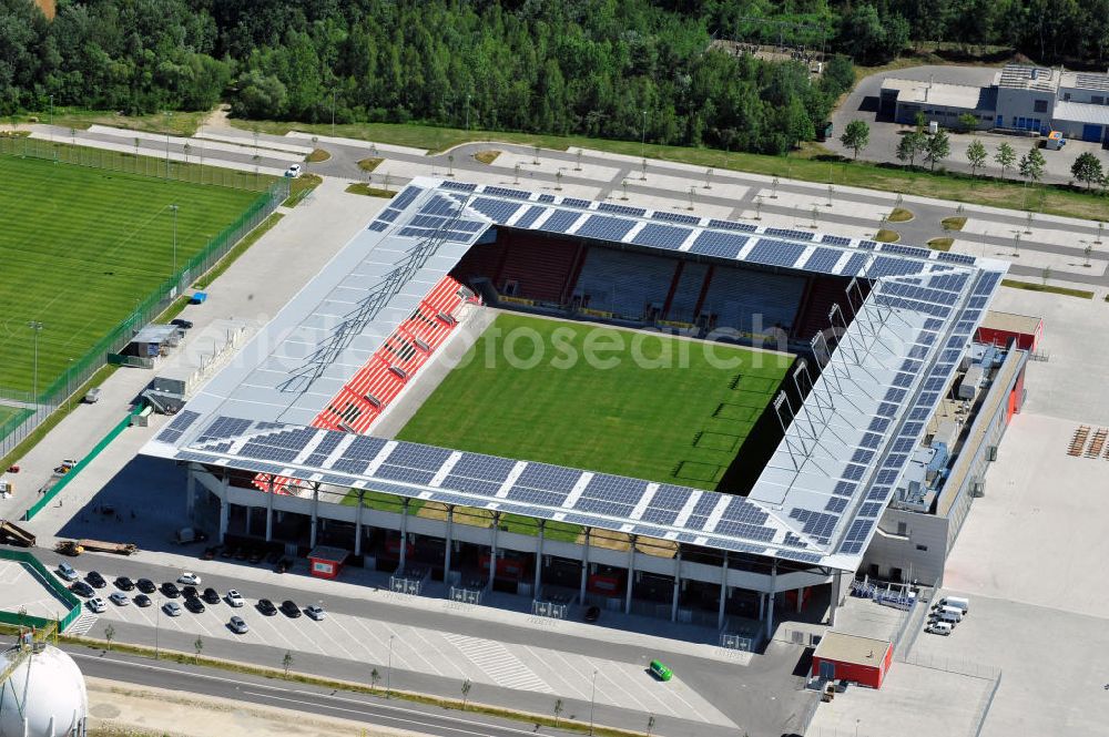 Ingolstadt from above - Fußballstadion Audi Sportpark auf dem ehemaligen Bayernoil-Gelände in Ingolstadt / Bayern. Das Stadion ist Heimspielstätte des FC Ingolstadt 04. Stadium Audi Sportpark in Ingolstadt / Bavaria.