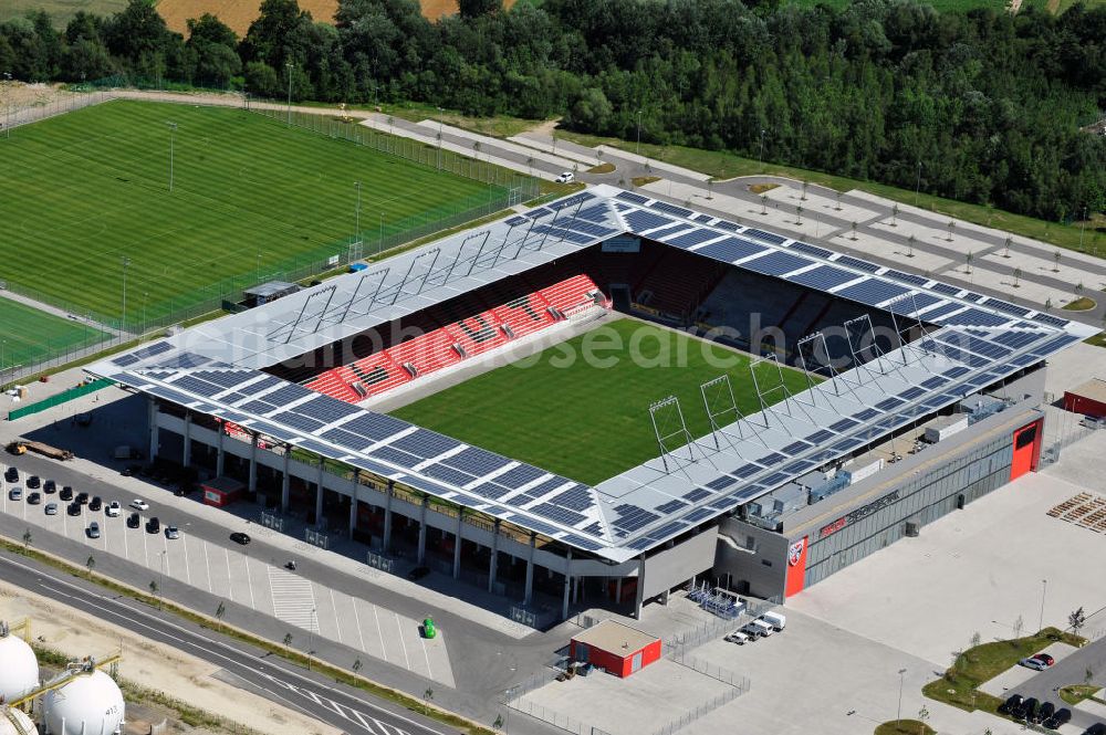 Ingolstadt from the bird's eye view: Fußballstadion Audi Sportpark auf dem ehemaligen Bayernoil-Gelände in Ingolstadt / Bayern. Das Stadion ist Heimspielstätte des FC Ingolstadt 04. Stadium Audi Sportpark in Ingolstadt / Bavaria.