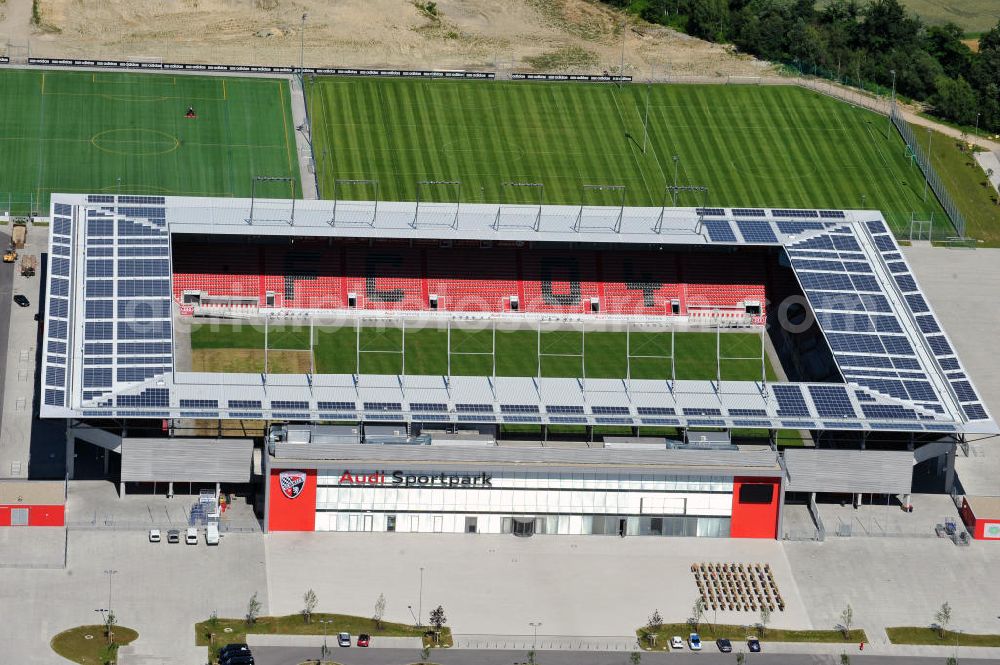 Ingolstadt from above - Fußballstadion Audi Sportpark auf dem ehemaligen Bayernoil-Gelände in Ingolstadt / Bayern. Das Stadion ist Heimspielstätte des FC Ingolstadt 04. Stadium Audi Sportpark in Ingolstadt / Bavaria.