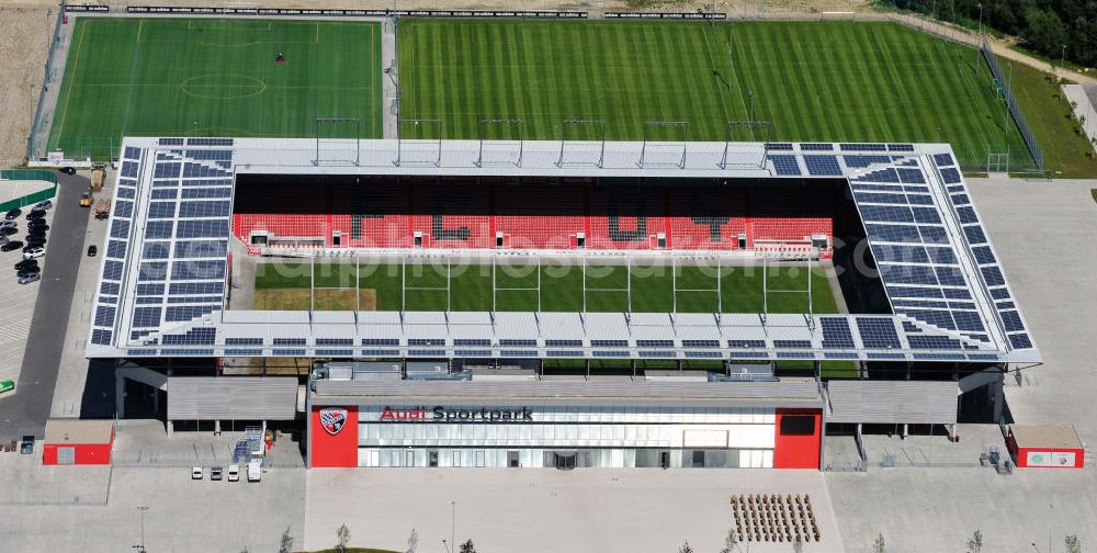 Ingolstadt from the bird's eye view: Fußballstadion Audi Sportpark auf dem ehemaligen Bayernoil-Gelände in Ingolstadt / Bayern. Das Stadion ist Heimspielstätte des FC Ingolstadt 04. Stadium Audi Sportpark in Ingolstadt / Bavaria.