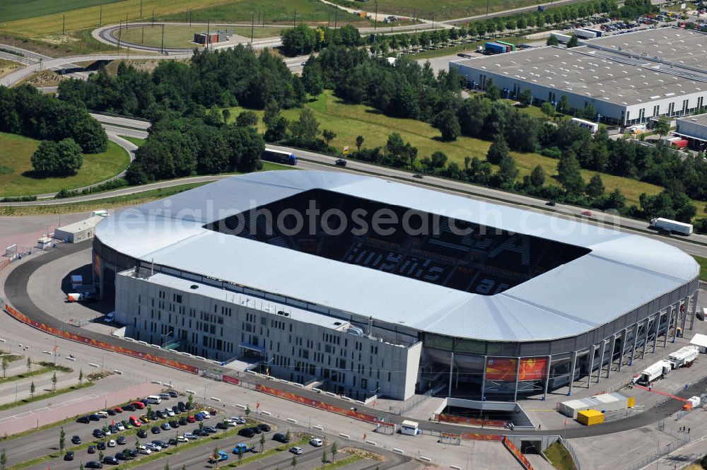 Augsburg from above - Blick auf das Stadion impuls arena des Fußballvereins FC Augsburg zur FIFA Fußball-Weltmeisterschaft der Frauen 2011. Das Fußballstadion mit einer Kapazität von bis zu 49.000 Plätzen wurde durch die Architekten Bernhard & Kögel ralisiert. View onto the stadium impuls arena of the football club / soccer club FC Augsburg.