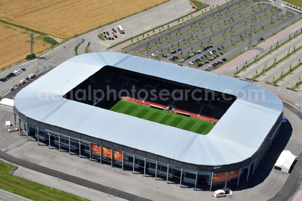 Augsburg from above - Blick auf das Stadion impuls arena des Fußballvereins FC Augsburg zur FIFA Fußball-Weltmeisterschaft der Frauen 2011. Das Fußballstadion mit einer Kapazität von bis zu 49.000 Plätzen wurde durch die Architekten Bernhard & Kögel ralisiert. View onto the stadium impuls arena of the football club / soccer club FC Augsburg.