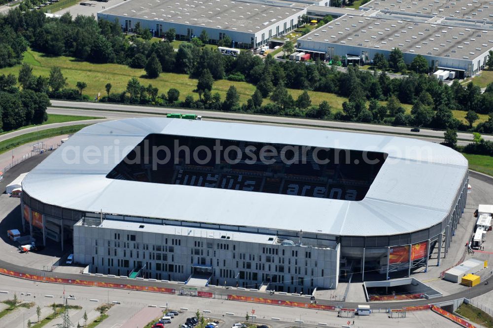 Aerial image Augsburg - Blick auf das Stadion impuls arena des Fußballvereins FC Augsburg zur FIFA Fußball-Weltmeisterschaft der Frauen 2011. Das Fußballstadion mit einer Kapazität von bis zu 49.000 Plätzen wurde durch die Architekten Bernhard & Kögel ralisiert. View onto the stadium impuls arena of the football club / soccer club FC Augsburg.