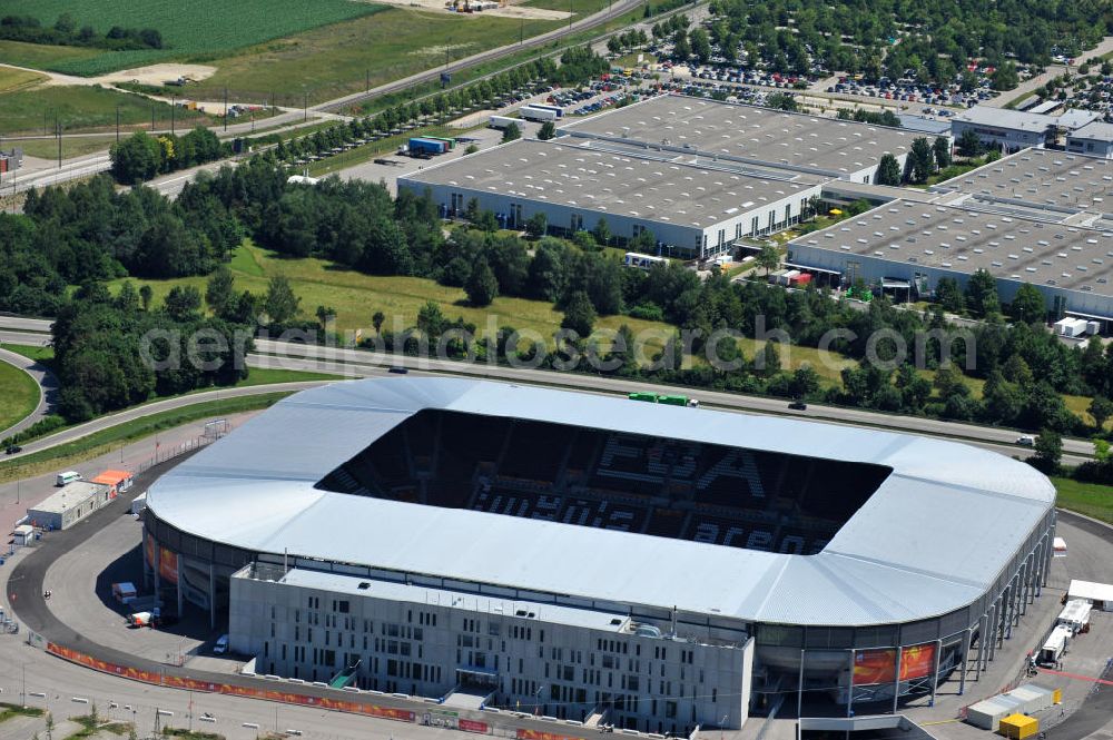 Aerial photograph Augsburg - Blick auf das Stadion impuls arena des Fußballvereins FC Augsburg zur FIFA Fußball-Weltmeisterschaft der Frauen 2011. Das Fußballstadion mit einer Kapazität von bis zu 49.000 Plätzen wurde durch die Architekten Bernhard & Kögel ralisiert. View onto the stadium impuls arena of the football club / soccer club FC Augsburg.