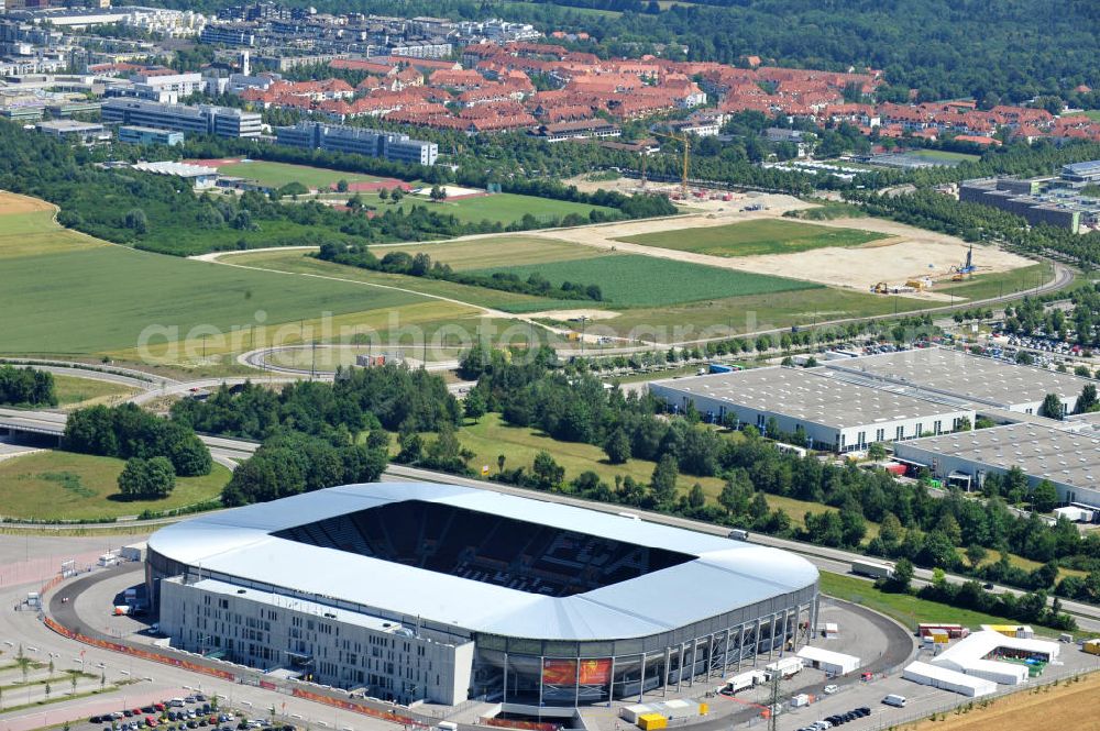 Augsburg from above - Blick auf das Stadion impuls arena des Fußballvereins FC Augsburg zur FIFA Fußball-Weltmeisterschaft der Frauen 2011. Das Fußballstadion mit einer Kapazität von bis zu 49.000 Plätzen wurde durch die Architekten Bernhard & Kögel ralisiert. View onto the stadium impuls arena of the football club / soccer club FC Augsburg.