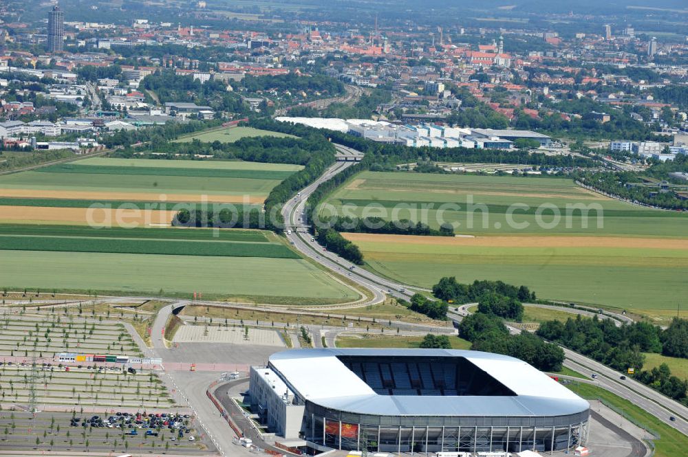 Aerial image Augsburg - Blick auf das Stadion impuls arena des Fußballvereins FC Augsburg zur FIFA Fußball-Weltmeisterschaft der Frauen 2011. Das Fußballstadion mit einer Kapazität von bis zu 49.000 Plätzen wurde durch die Architekten Bernhard & Kögel ralisiert. View onto the stadium impuls arena of the football club / soccer club FC Augsburg.