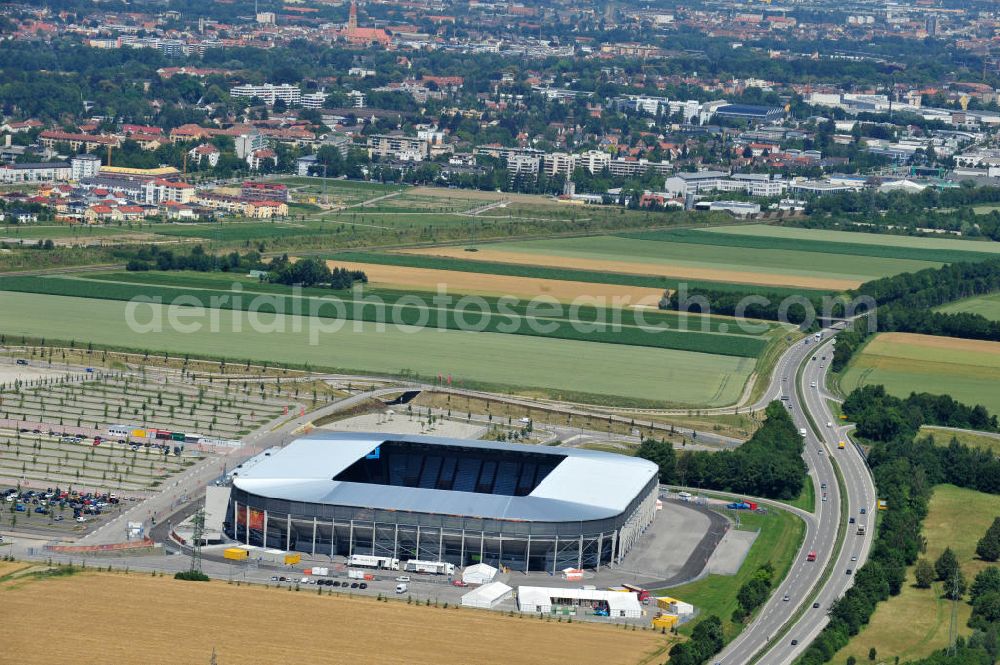 Augsburg from above - Blick auf das Stadion impuls arena des Fußballvereins FC Augsburg zur FIFA Fußball-Weltmeisterschaft der Frauen 2011. Das Fußballstadion mit einer Kapazität von bis zu 49.000 Plätzen wurde durch die Architekten Bernhard & Kögel ralisiert. View onto the stadium impuls arena of the football club / soccer club FC Augsburg.