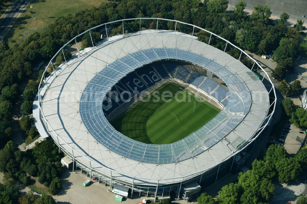 Aerial image Hannover - Stadium of the AWD Arena (formerly AWD Arena and HDI Arena) on Robert-Enke-Strasse in the Calenberger Neustadt district of Hanover in Lower Saxony