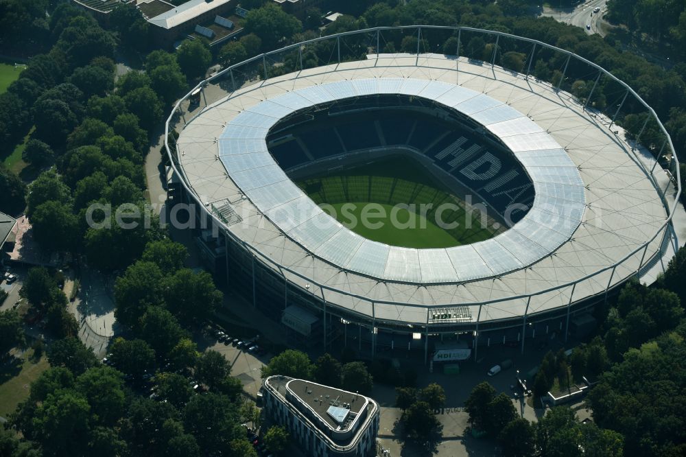 Hannover from above - Stadium of the AWD Arena (formerly AWD Arena and HDI Arena) on Robert-Enke-Strasse in the Calenberger Neustadt district of Hanover in Lower Saxony