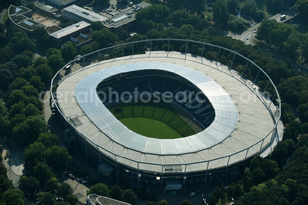 Hannover from the bird's eye view: Stadium of the AWD Arena (formerly AWD Arena and HDI Arena) on Robert-Enke-Strasse in the Calenberger Neustadt district of Hanover in Lower Saxony