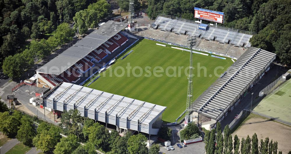 Offenbach from above - Blick auf das Stadion Bieberer Berg. Es bietet Platz für 26.500 Zuschauer und ist die Heimspielstätte des Fußballvereins Kickers Offenbach. View of the stadium Bieberer Berg. There is a capacity for 26,500 spectators and it is the home ground of the football club Kickers Offenbach.