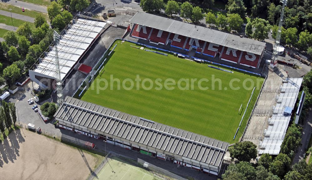 Offenbach from above - Blick auf das Stadion Bieberer Berg. Es bietet Platz für 26.500 Zuschauer und ist die Heimspielstätte des Fußballvereins Kickers Offenbach. View of the stadium Bieberer Berg. There is a capacity for 26,500 spectators and it is the home ground of the football club Kickers Offenbach.