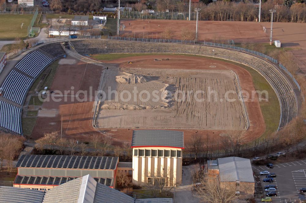 Halle from the bird's eye view: Blick auf das Stadion im Bildungszentrum im Westen von Halle (früher Halle-Neustadt). Das Stadion wurde 1979 erbaut und soll nun für die Fußball-Regionalliga saniert werden. View of the Stadium in the Education Center in the west of Halle. It was built in 1979 and is now being redeveloped for the Football third division.