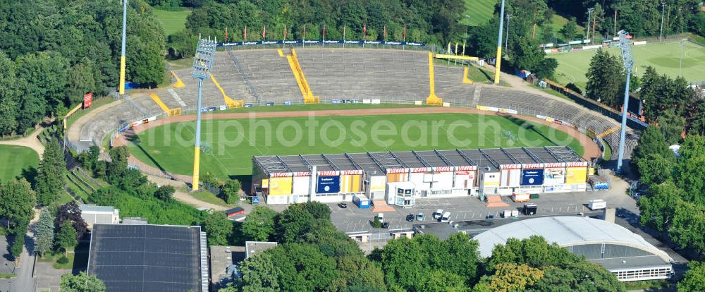 Aerial image Darmstadt - Blick auf das Stadion am Böllenfalltor (umgangssprachlich auch Bölle genannt), einem Sportstadion in Darmstadt und Heimat des Fußballclubs SV Darmstadt 98 sowie der Footballer der Darmstadt Diamonds. The stadium at the Darmstadt SV Darmstadt 98.