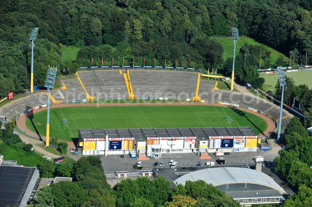 Aerial photograph Darmstadt - Blick auf das Stadion am Böllenfalltor (umgangssprachlich auch Bölle genannt), einem Sportstadion in Darmstadt und Heimat des Fußballclubs SV Darmstadt 98 sowie der Footballer der Darmstadt Diamonds. The stadium at the Darmstadt SV Darmstadt 98.