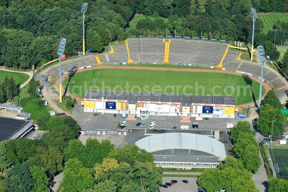 Aerial image Darmstadt - Blick auf das Stadion am Böllenfalltor (umgangssprachlich auch Bölle genannt), einem Sportstadion in Darmstadt und Heimat des Fußballclubs SV Darmstadt 98 sowie der Footballer der Darmstadt Diamonds. The stadium at the Darmstadt SV Darmstadt 98.