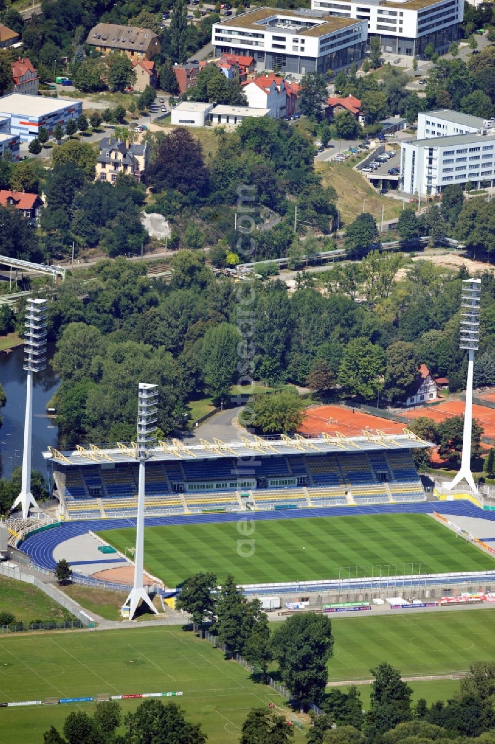 Aerial image Jena - Stadium of FC Carl Zeiss on the Ernst Abbe Sportfeld Jena in Thuringia