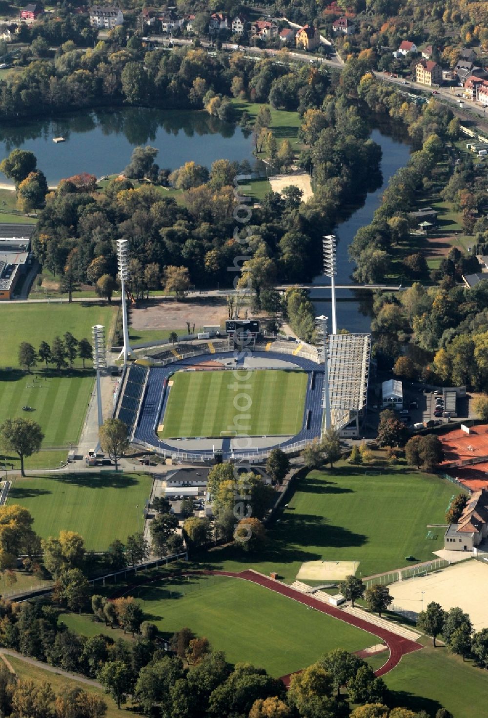 Jena from the bird's eye view: Stadium of FC Carl Zeiss on the Ernst Abbe Sportfeld Jena in Thuringia