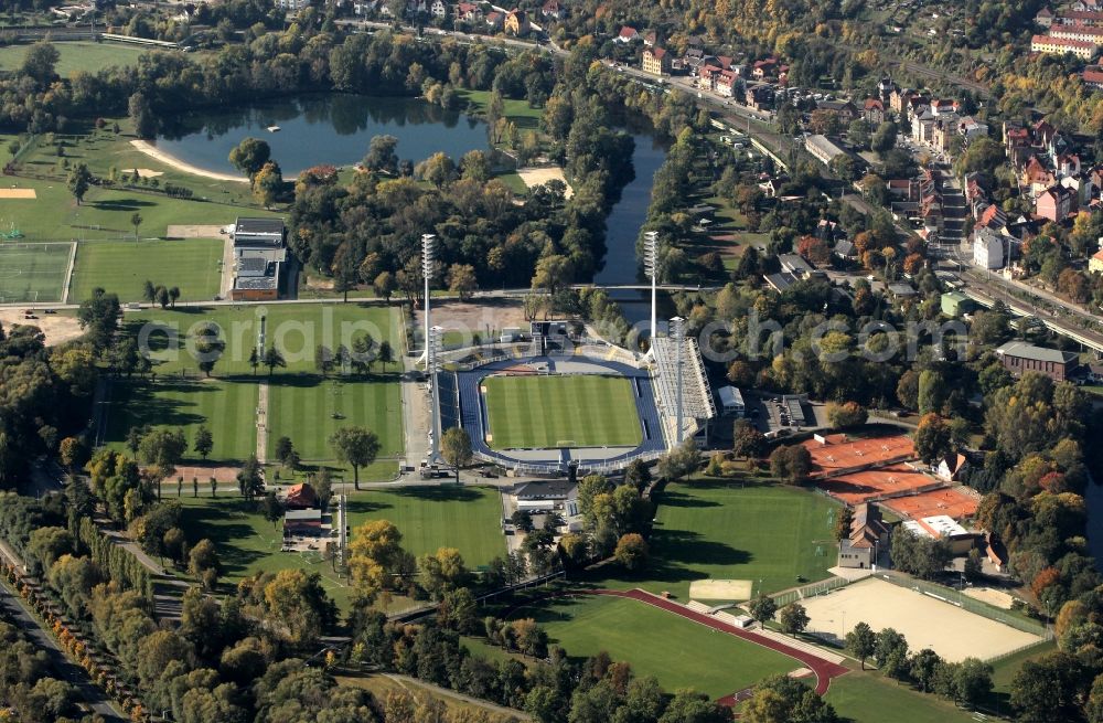 Aerial image Jena - Stadium of FC Carl Zeiss on the Ernst Abbe Sportfeld Jena in Thuringia