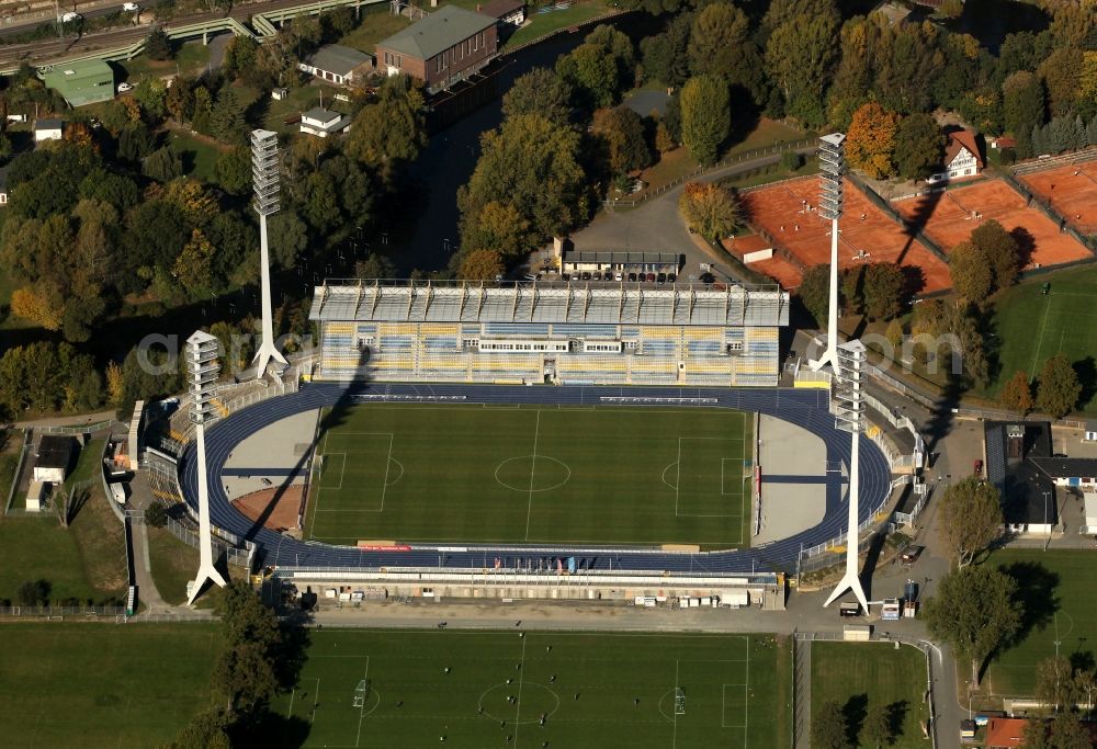 Aerial photograph Jena - Stadium of FC Carl Zeiss on the Ernst Abbe Sportfeld Jena in Thuringia