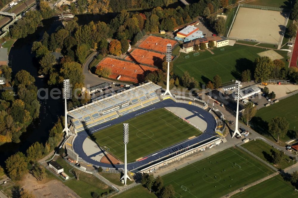 Jena from the bird's eye view: Stadium of FC Carl Zeiss on the Ernst Abbe Sportfeld Jena in Thuringia