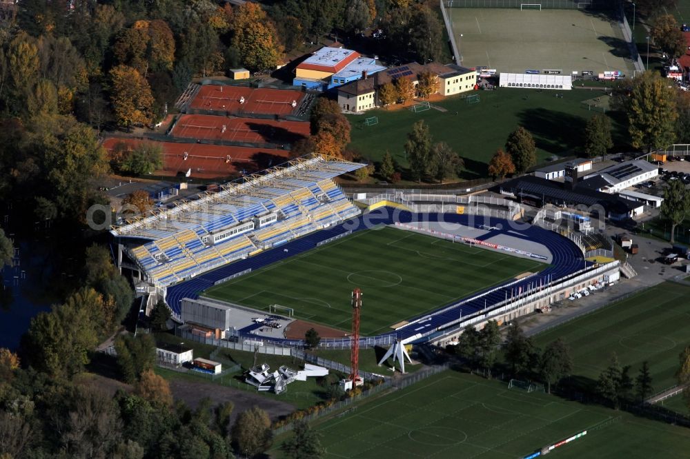 Jena from the bird's eye view: Stadium of FC Carl Zeiss on the Ernst Abbe Sportfeld Jena in Thuringia