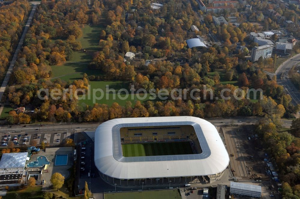 Aerial image Dresden - View of the stadium in Dresden in the state Saxony. The football stadium had to Lennéstreet over time the name of Rudolf-Harbig-Stadion, Dynamo Stadium and Gluecksgas Stadium