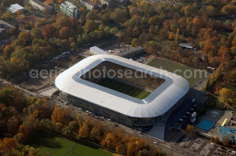 Dresden from above - View of the stadium in Dresden in the state Saxony. The football stadium had to Lennéstreet over time the name of Rudolf-Harbig-Stadion, Dynamo Stadium and Gluecksgas Stadium