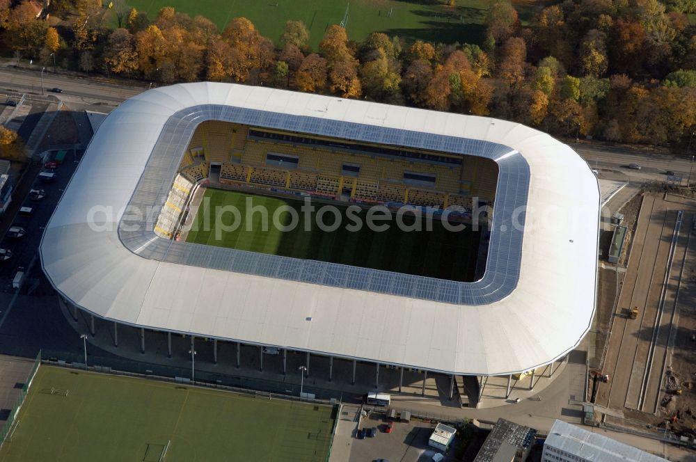 Dresden from above - View of the stadium in Dresden in the state Saxony. The football stadium had to Lennéstreet over time the name of Rudolf-Harbig-Stadion, Dynamo Stadium and Gluecksgas Stadium