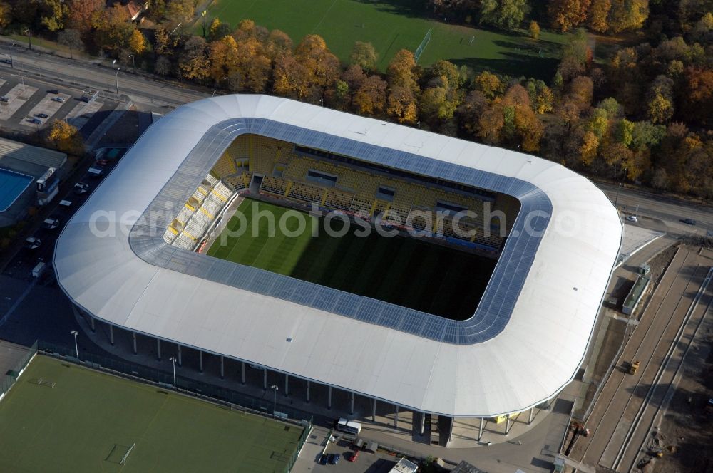 Dresden from the bird's eye view: View of the stadium in Dresden in the state Saxony. The football stadium had to Lennéstreet over time the name of Rudolf-Harbig-Stadion, Dynamo Stadium and Gluecksgas Stadium