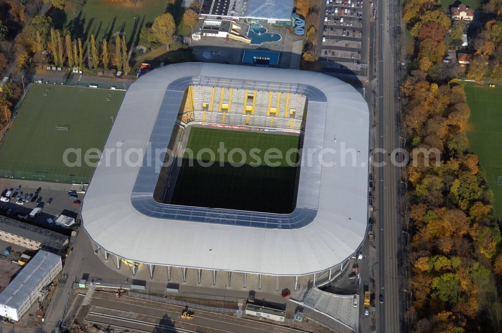 Dresden from above - View of the stadium in Dresden in the state Saxony. The football stadium had to Lennéstreet over time the name of Rudolf-Harbig-Stadion, Dynamo Stadium and Gluecksgas Stadium