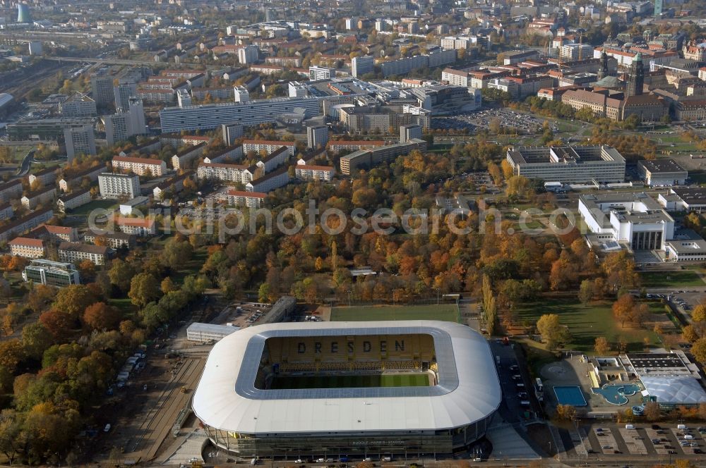 Dresden from above - View of the stadium in Dresden in the state Saxony. The football stadium had to Lennéstreet over time the name of Rudolf-Harbig-Stadion, Dynamo Stadium and Gluecksgas Stadium