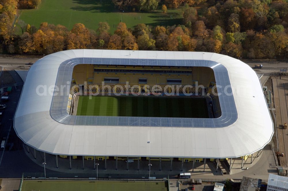 Aerial image Dresden - View of the stadium in Dresden in the state Saxony. The football stadium had to Lennéstreet over time the name of Rudolf-Harbig-Stadion, Dynamo Stadium and Gluecksgas Stadium