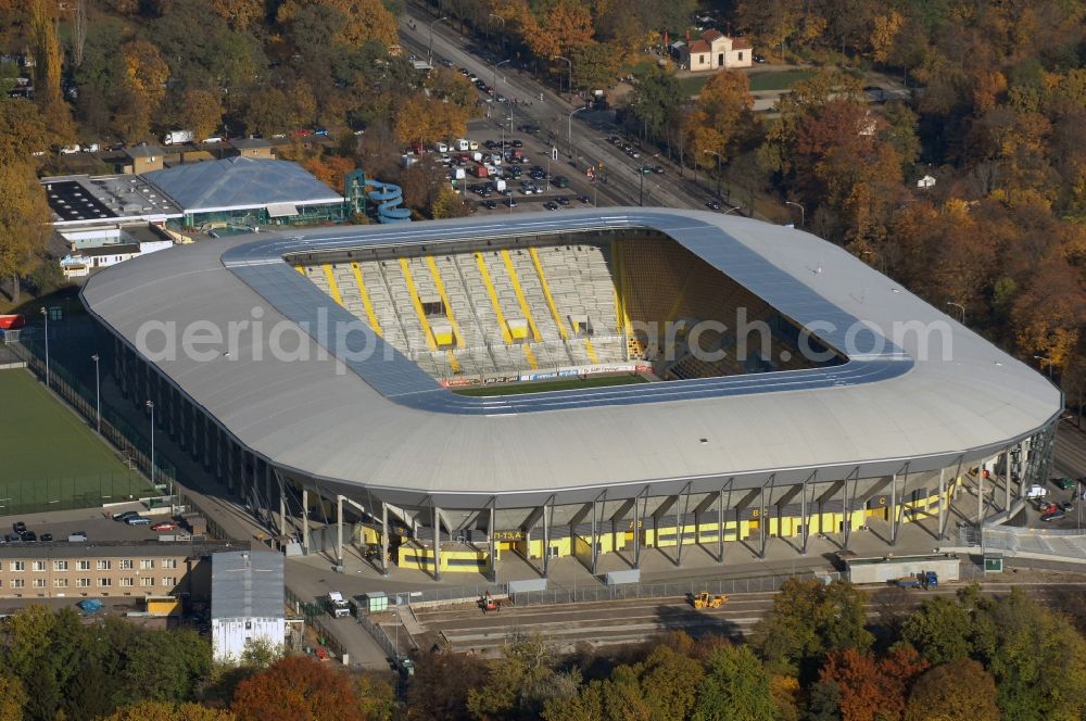 Dresden from above - View of the stadium in Dresden in the state Saxony. The football stadium had to Lennéstreet over time the name of Rudolf-Harbig-Stadion, Dynamo Stadium and Gluecksgas Stadium