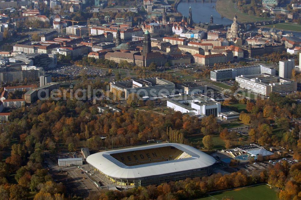 Dresden from above - View of the stadium in Dresden in the state Saxony. The football stadium had to Lennéstreet over time the name of Rudolf-Harbig-Stadion, Dynamo Stadium and Gluecksgas Stadium