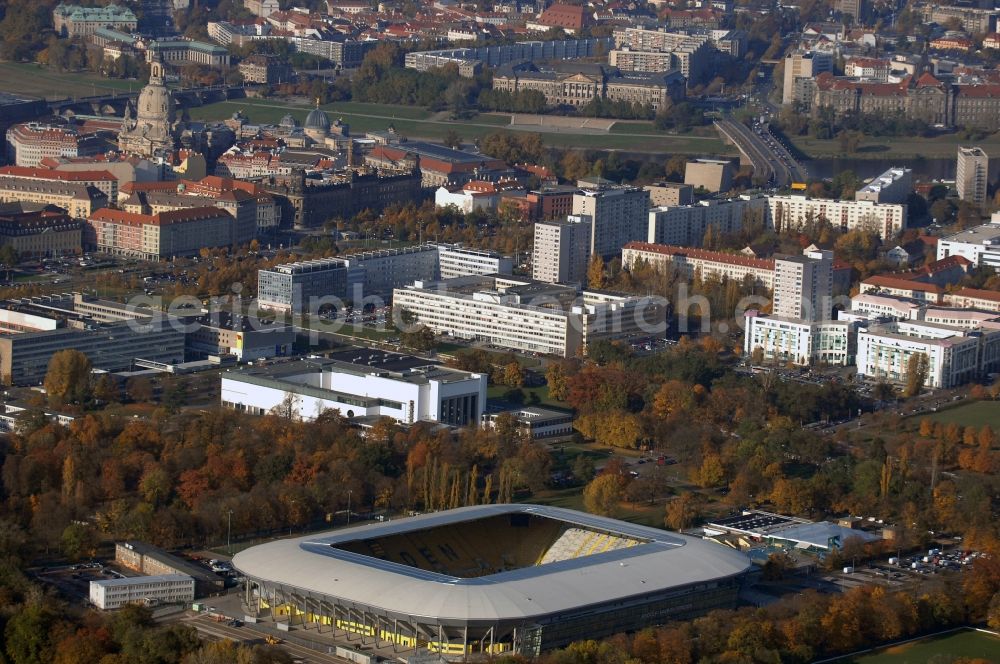 Dresden from above - View of the stadium in Dresden in the state Saxony. The football stadium had to Lennéstreet over time the name of Rudolf-Harbig-Stadion, Dynamo Stadium and Gluecksgas Stadium