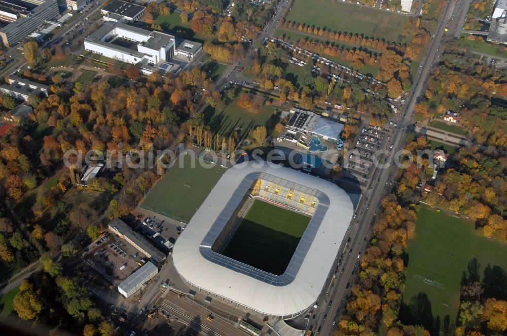 Dresden from above - View of the stadium in Dresden in the state Saxony. The football stadium had to Lennéstreet over time the name of Rudolf-Harbig-Stadion, Dynamo Stadium and Gluecksgas Stadium