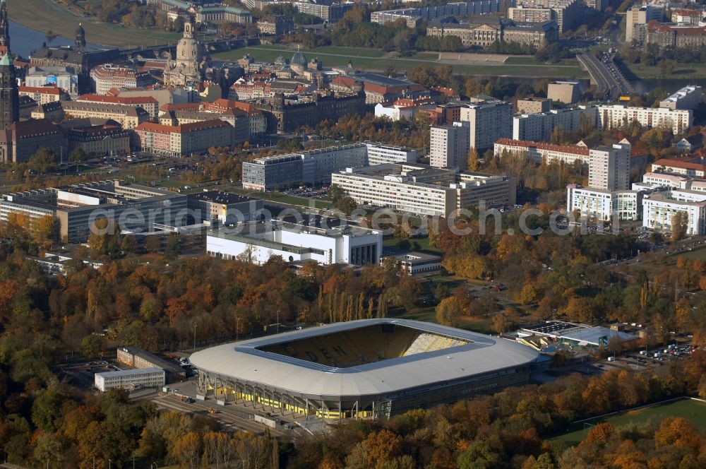 Dresden from the bird's eye view: View of the stadium in Dresden in the state Saxony. The football stadium had to Lennéstreet over time the name of Rudolf-Harbig-Stadion, Dynamo Stadium and Gluecksgas Stadium