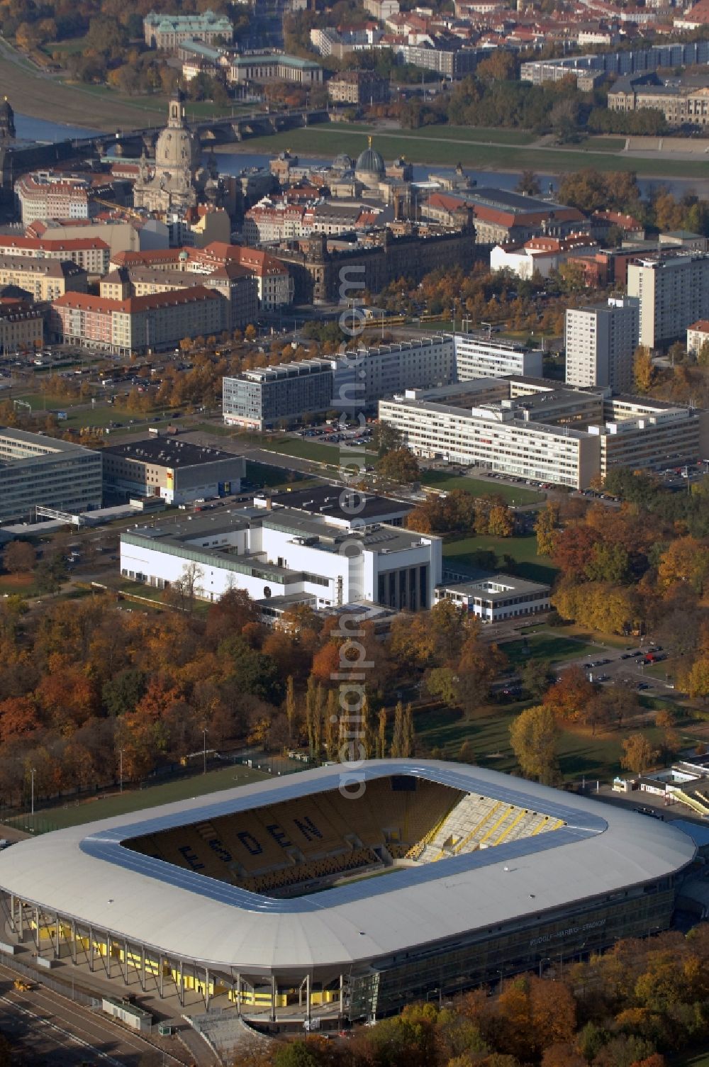 Dresden from above - View of the stadium in Dresden in the state Saxony. The football stadium had to Lennéstreet over time the name of Rudolf-Harbig-Stadion, Dynamo Stadium and Gluecksgas Stadium