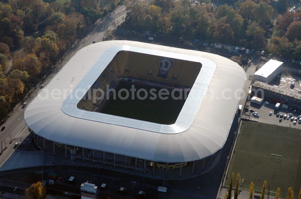 Aerial image Dresden - View of the stadium in Dresden in the state Saxony. The football stadium had to Lennéstreet over time the name of Rudolf-Harbig-Stadion, Dynamo Stadium and Gluecksgas Stadium