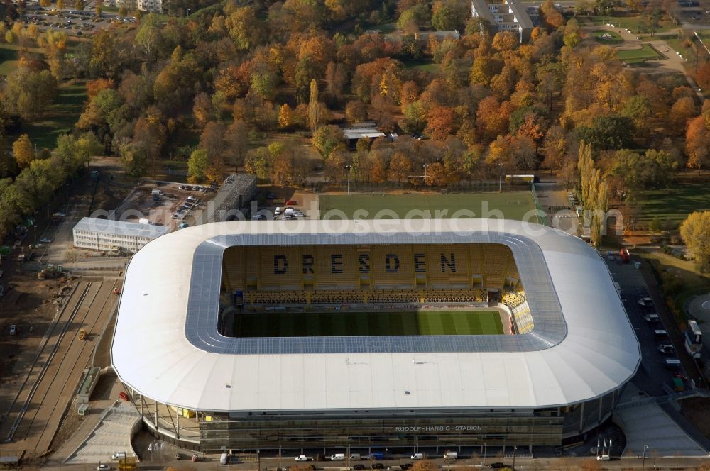 Dresden from above - View of the stadium in Dresden in the state Saxony. The football stadium had to Lennéstreet over time the name of Rudolf-Harbig-Stadion, Dynamo Stadium and Gluecksgas Stadium