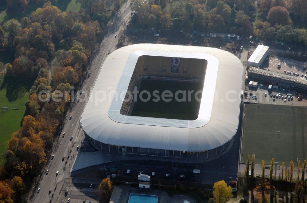 Dresden from above - View of the stadium in Dresden in the state Saxony. The football stadium had to Lennéstreet over time the name of Rudolf-Harbig-Stadion, Dynamo Stadium and Gluecksgas Stadium