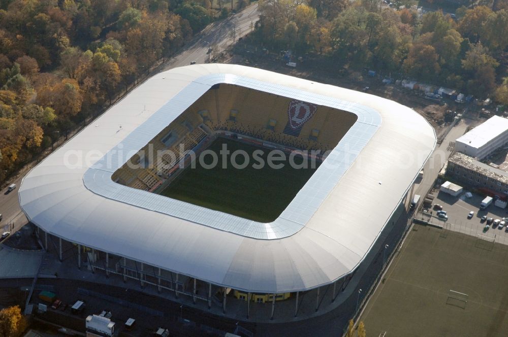 Aerial image Dresden - View of the stadium in Dresden in the state Saxony. The football stadium had to Lennéstreet over time the name of Rudolf-Harbig-Stadion, Dynamo Stadium and Gluecksgas Stadium