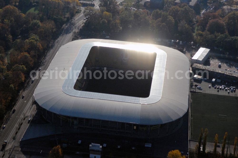 Aerial photograph Dresden - View of the stadium in Dresden in the state Saxony. The football stadium had to Lennéstreet over time the name of Rudolf-Harbig-Stadion, Dynamo Stadium and Gluecksgas Stadium