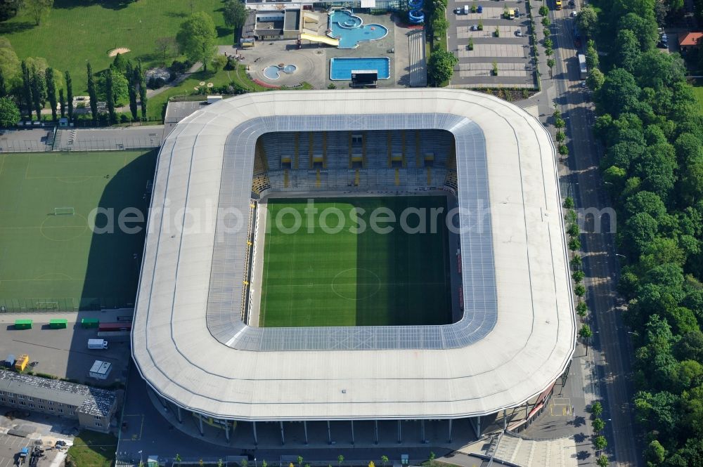 Dresden from above - View of the stadium in Dresden in the state Saxony. The football stadium had to Lennéstreet over time the name of Rudolf-Harbig-Stadion, Dynamo Stadium and Gluecksgas Stadium