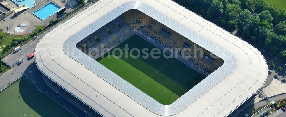 Aerial image Dresden - View of the stadium in Dresden in the state Saxony. The football stadium had to Lennéstreet over time the name of Rudolf-Harbig-Stadion, Dynamo Stadium and Gluecksgas Stadium