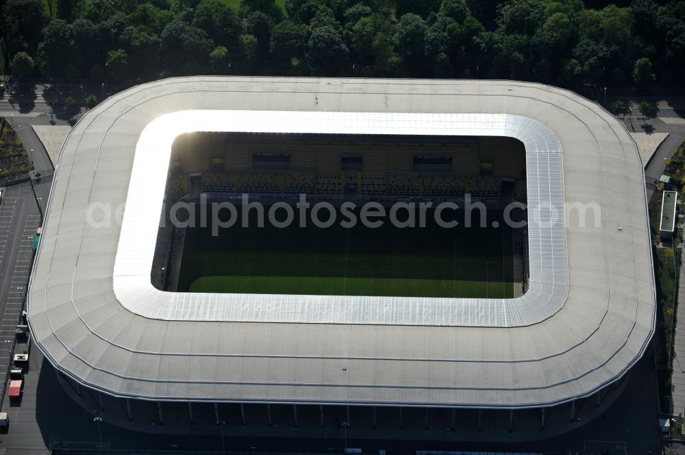 Dresden from above - View of the stadium in Dresden in the state Saxony. The football stadium had to Lennéstreet over time the name of Rudolf-Harbig-Stadion, Dynamo Stadium and Gluecksgas Stadium